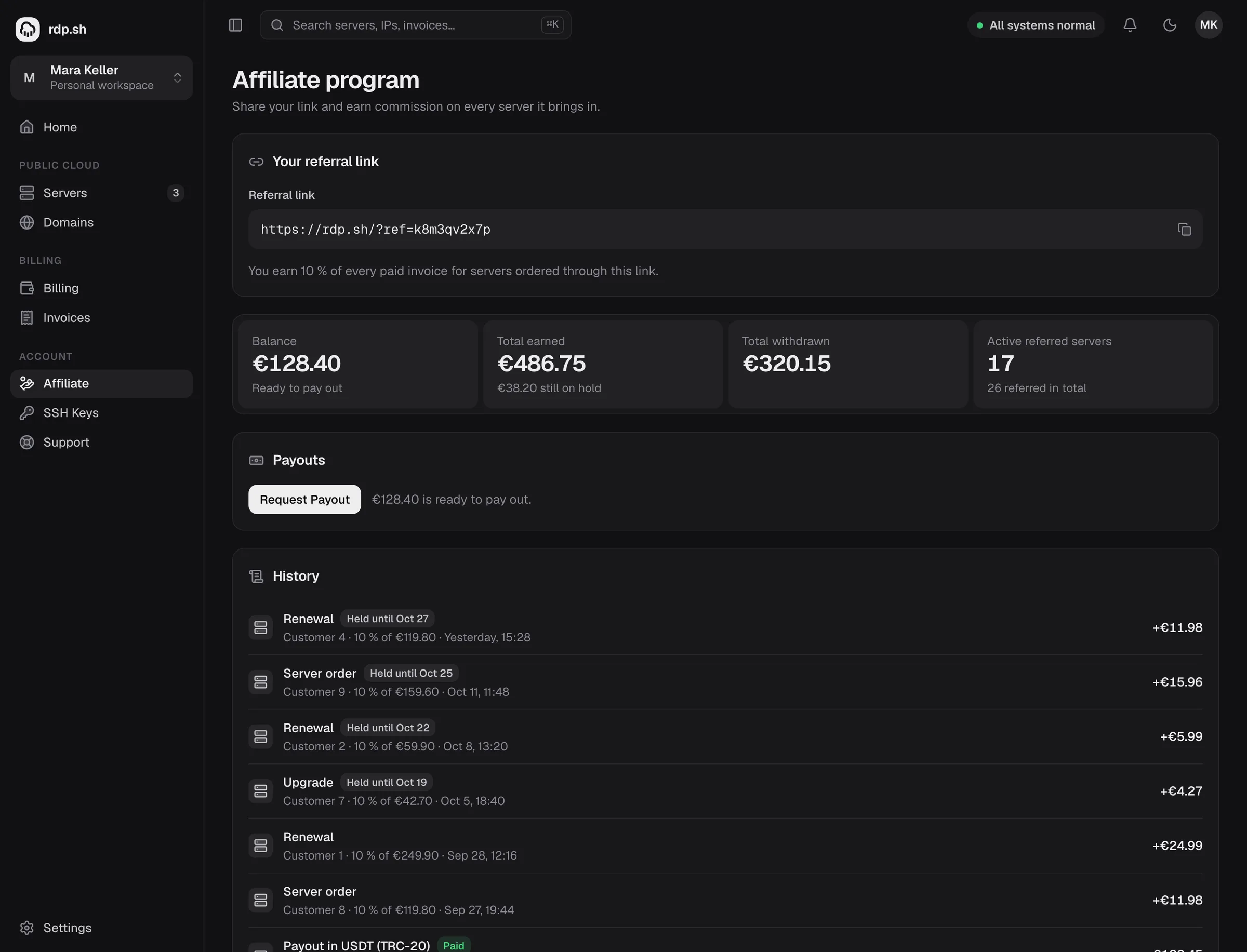 The Affiliate page in the RDP.sh dashboard