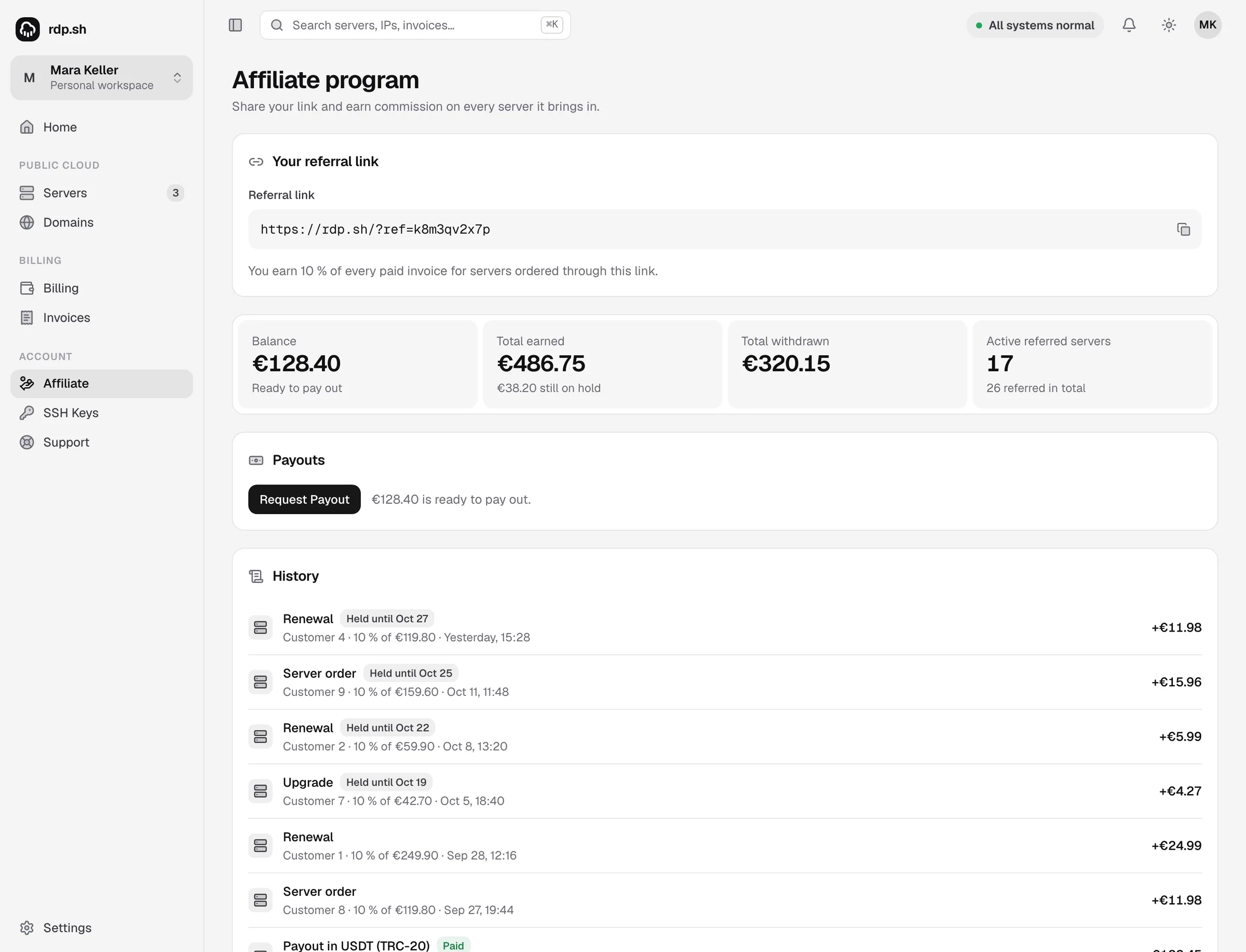 The Affiliate page in the RDP.sh dashboard
