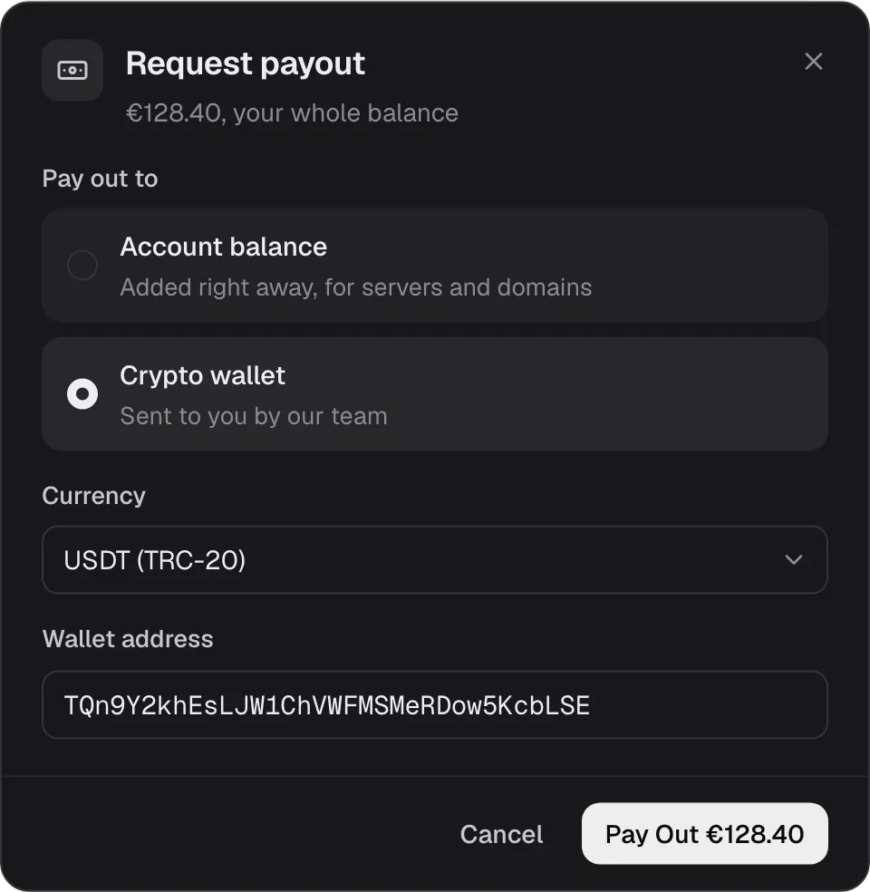 Requesting a payout to a crypto wallet