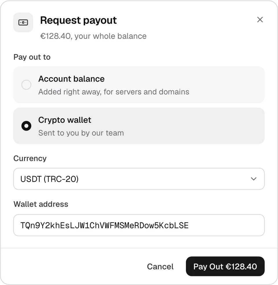 Requesting a payout to a crypto wallet