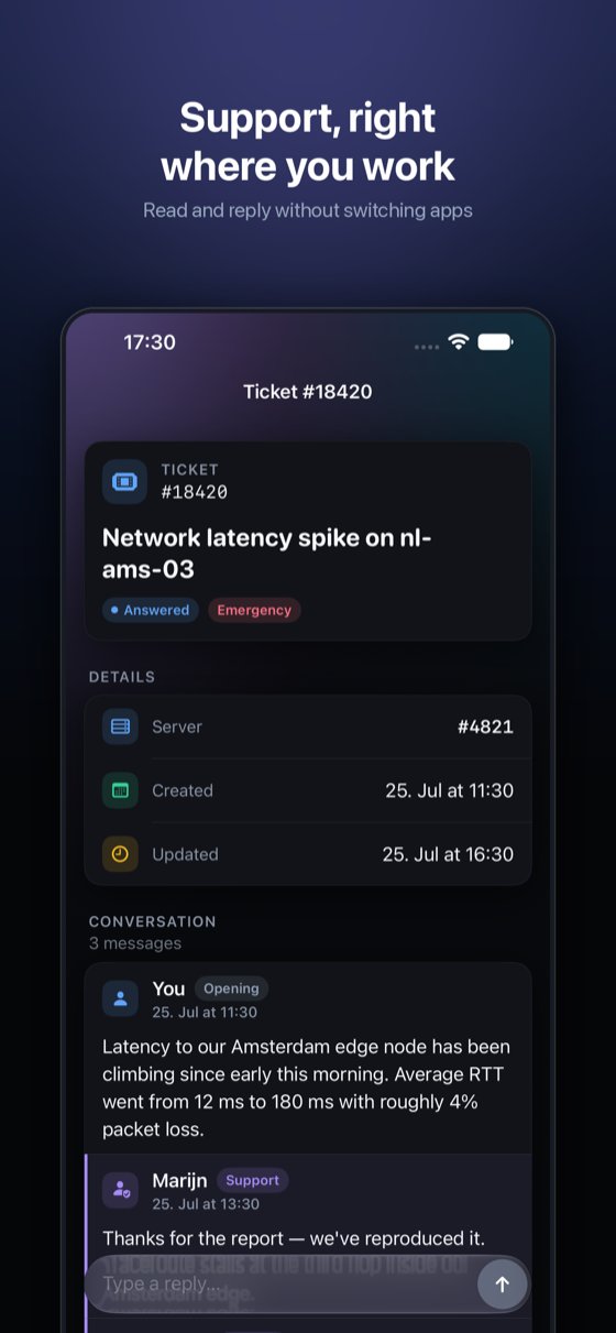 RDP.sh iOS App - Support ticket conversation